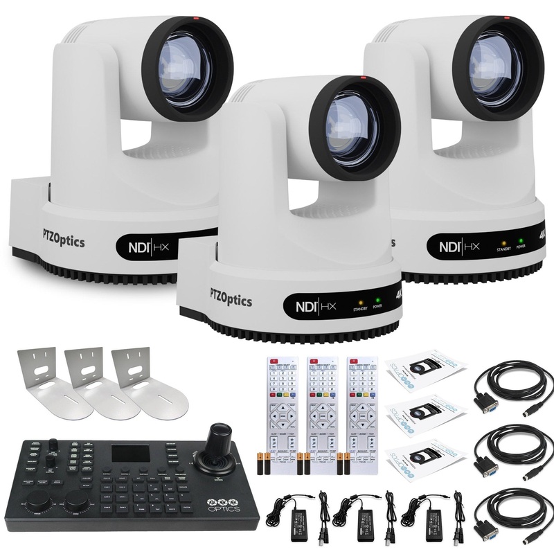 3 x PTZOptics Move 4K PTZ Camera with 20x Zoom (White) (PT20X-4K-WH-G3) + SuperJoy PTZ Controller + 3 x Wall Mount