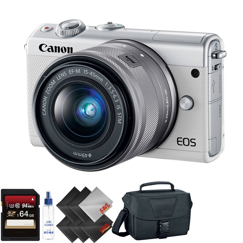 Canon EOS M100 Mirrorless Digital Camera with 15-45mm Lens (White) + 64GB Memory Card + 1 Year Warranty