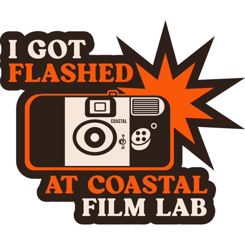 I Got Flashed at Coastal Film Lab  Waterproof Vinyl Sticker (2.5 x 2) Dark Mode
