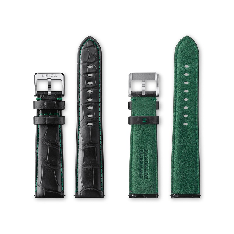 Alligator-leather strap, matte black, Alcantara green backlining, mounted stainless-steel pin buckle Small