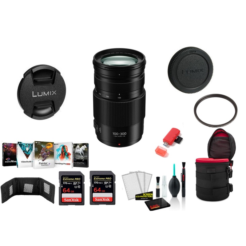Panasonic Lumix 100-300mm f/4-5.6 II POWER O.I.S. Lens with 2x 64 Memory Cards (International Model)
