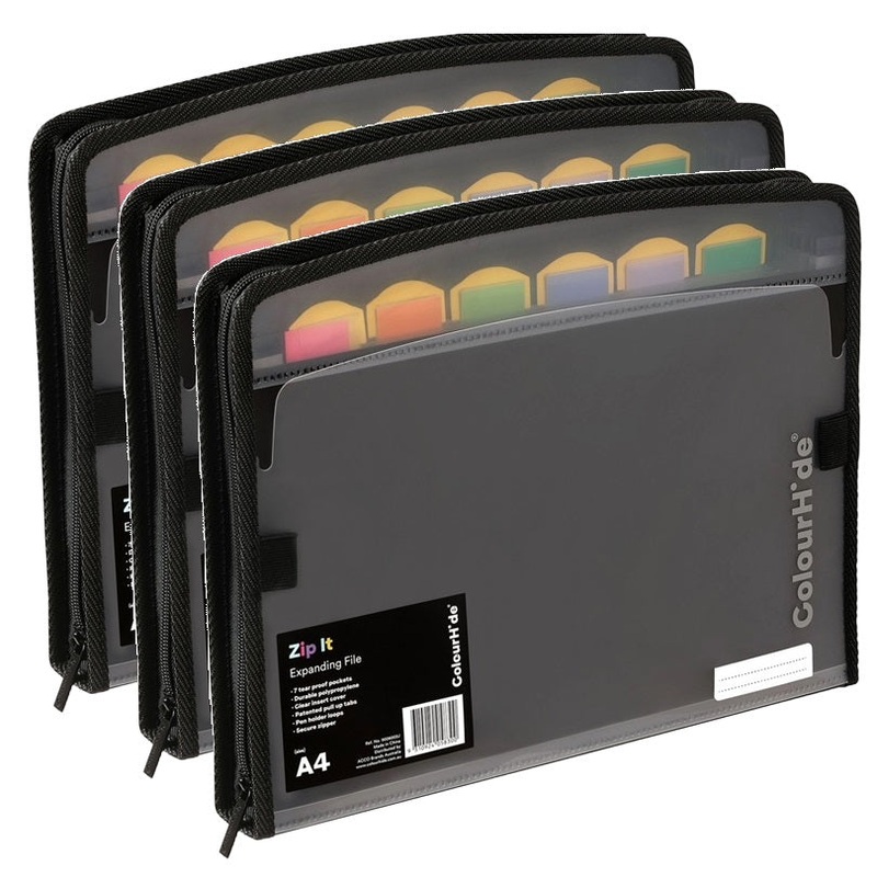 Colourhide Zipit PP Expanding File Folder 7 Pocket A4 3 Pack (Black) SuperOffice