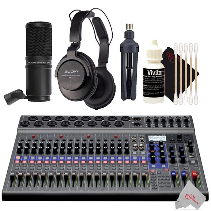 Zoom LiveTrak L-20 – 20-Input Digital Mixer & Multitrack Recorder + Zoom ZDM-1 Podcast Mic Pack Accessory Bundle + 3pc Cleaning Kit