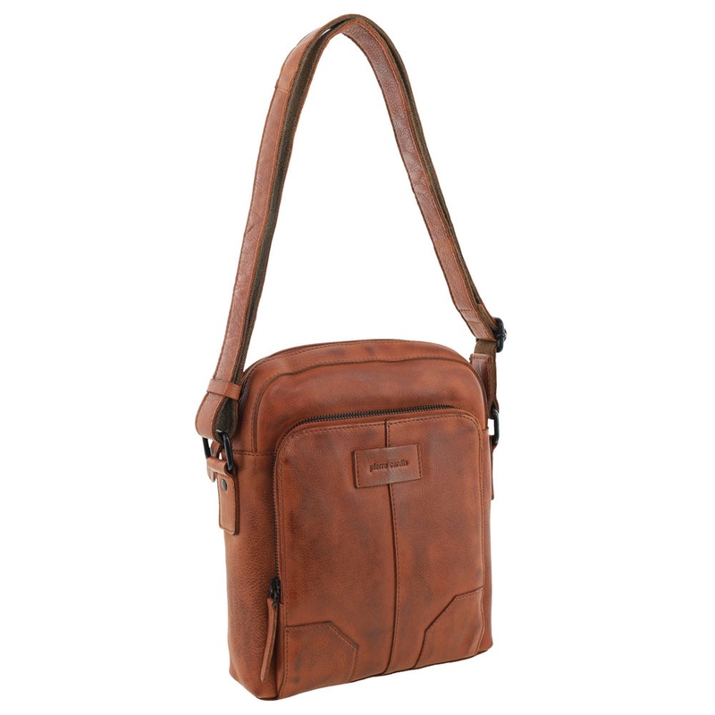 Pierre Cardin Men’s Leather Rustic Shoulder Crossbody Bag 25x29cm Cognac Orquestra