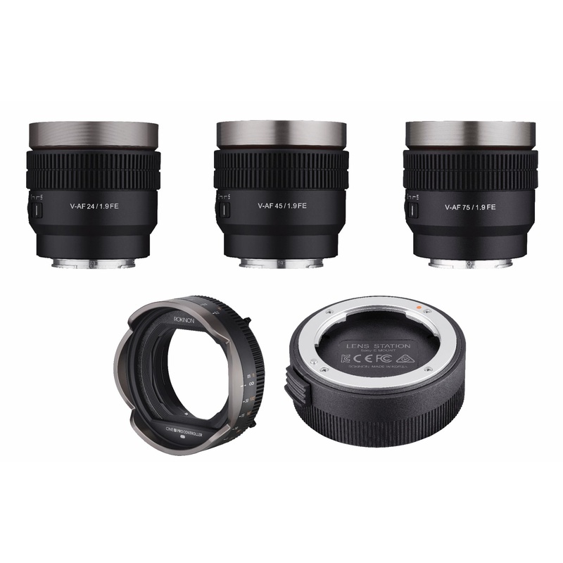 24, 45, 75mm T1.9 Full Frame Cine Auto Focus Lens Bundle with Pro Controller and Lens Station for Sony E