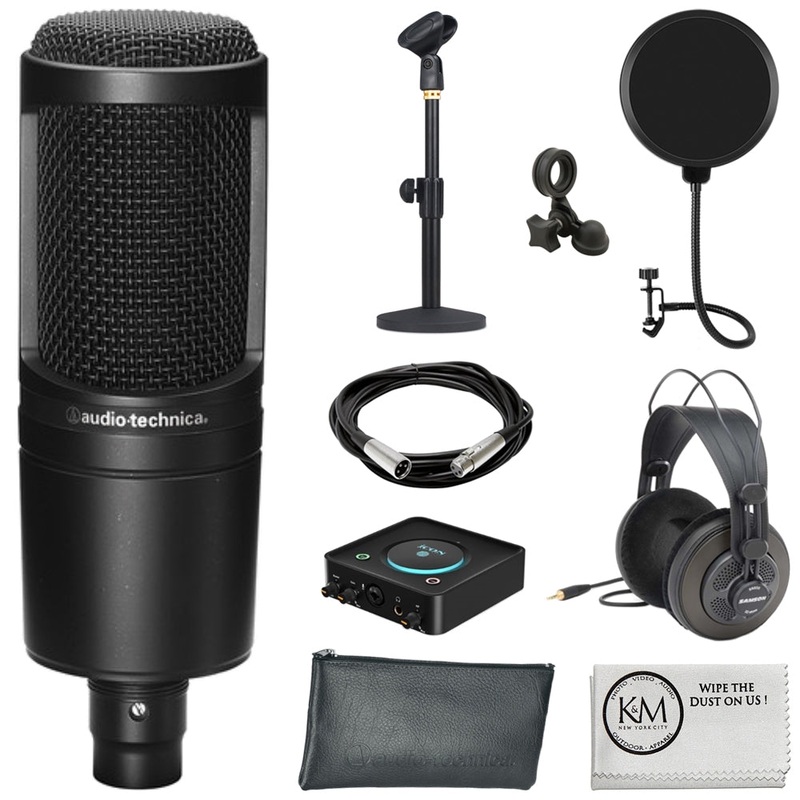 Audio-Technica AT2020 Cardioid Condenser Microphone Bundle with Studio Headphones + XLR Cable + Pop Filter + Icon Pro Audio USolo Recording Interface + Mic Stand + Cleaning Cloth (7 Items)