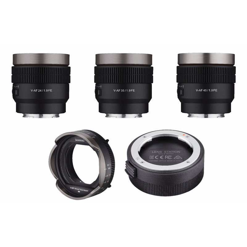 24, 35, 45mm T1.9 Full Frame V-AF Lens Bundle with Manual Focus Adaptor and Lens Station for Sony E