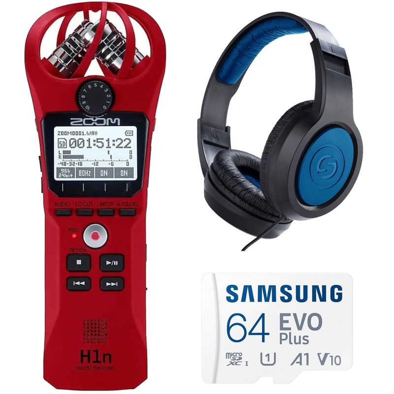 Zoom H1n 2-Input / 2-Track Portable Digital Handy Recorder – Red with Samson SR350 Stereo Headphones and Samsung 64GB EVO Plus microSDXC Memory Card