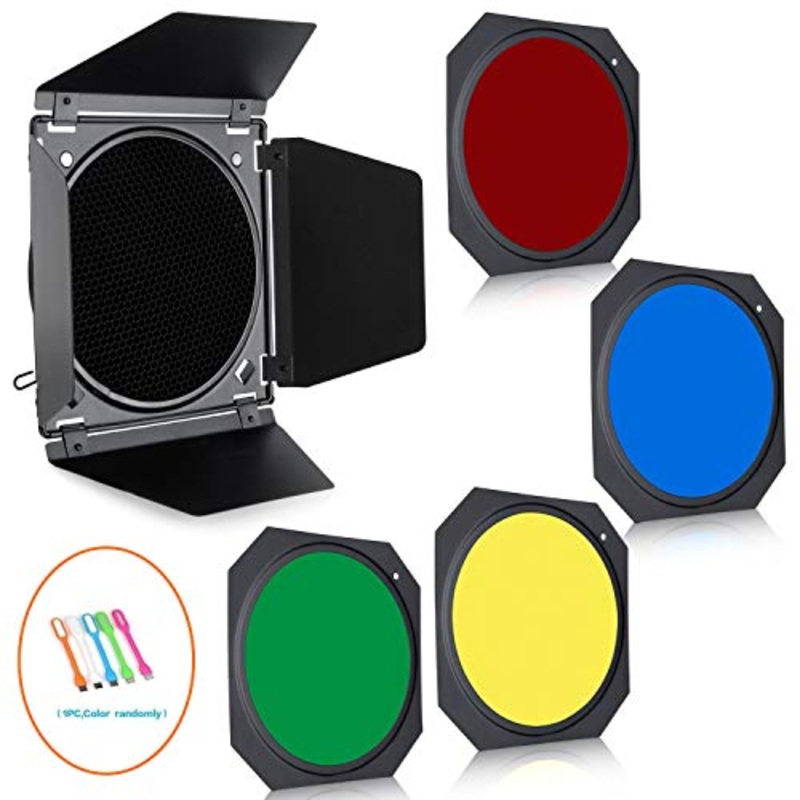Godox BD-04 Barn Door & Honeycomb Grid & 4 Color Gel Filters for 7″ Standard Reflector