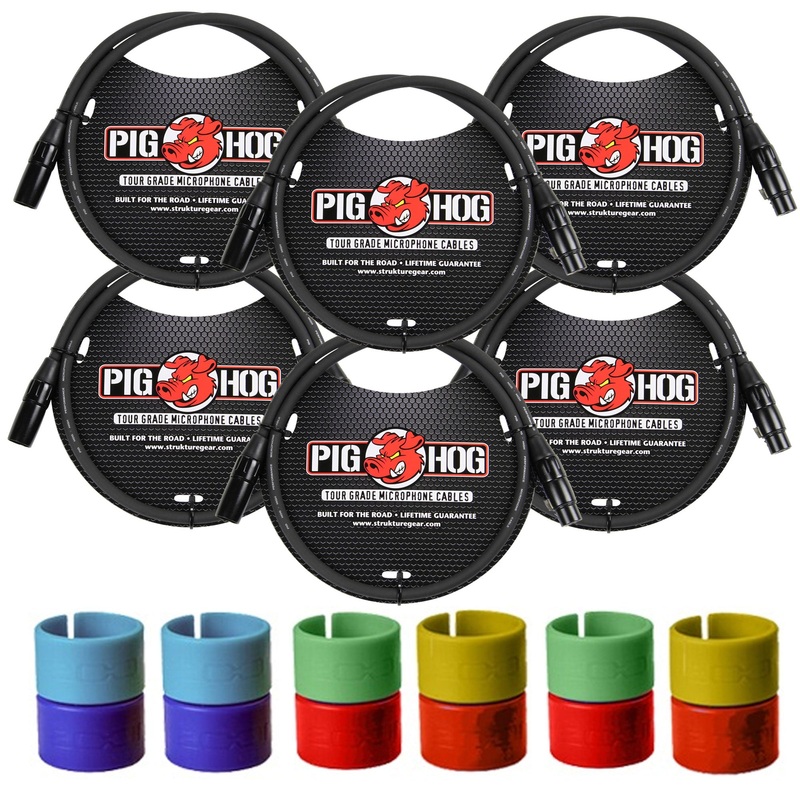 6x Pig Hog 8mm XLR Microphone Cable Male to Female 3 Ft Fully Balanced Premium Mic Cable + Zoom XLR-6c Color ID Rings for Microphone Cables (6 Pairs)