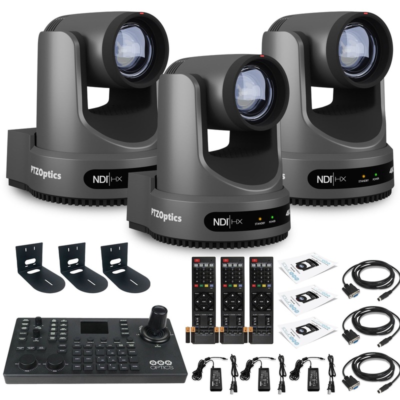3 x PTZOptics Move 4K PTZ Camera with 12x Zoom (Gray) (PT12X-4K-GY-G3) + SuperJoy PTZ Controller + 3 x Wall Mount