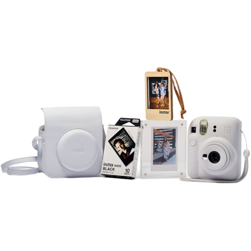 Fujifilm Instax Mini 12 with Case, Novelty Film, Acrylic Photo Frame and Recycled Wood Ornament/Tag – Clay White