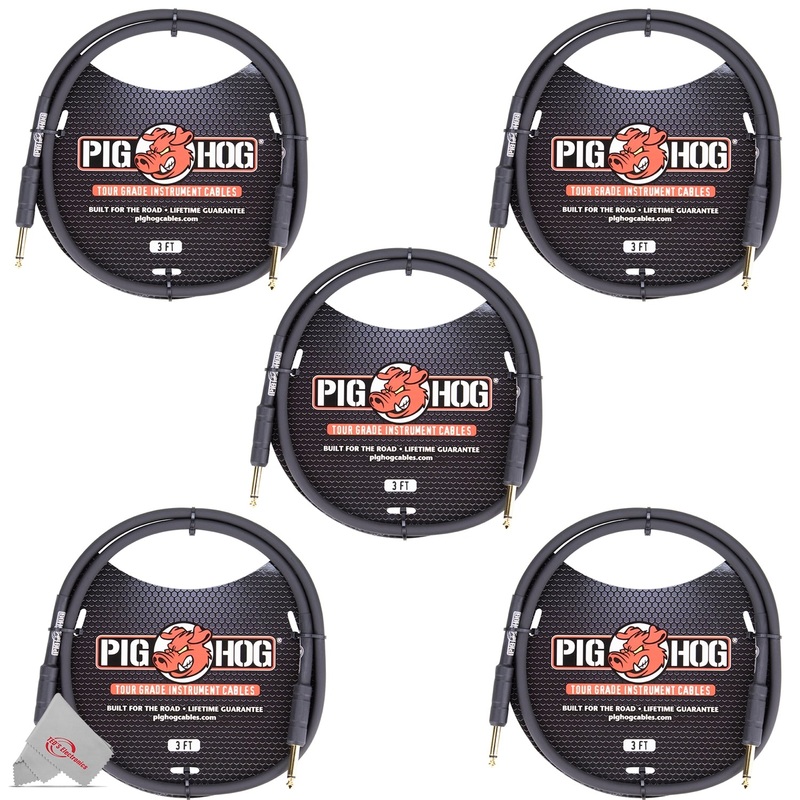 Pig Hog Tour Grade 3 ft Instrument / Patch Cable 1/4 Inch to 1/4 Inch Straight Connectors – PH3 – 5 Units