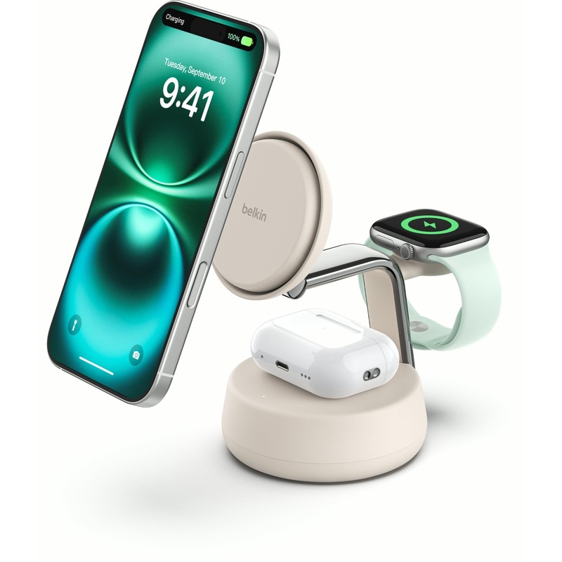 Belkin UltraCharge Pro 3-in-1 Magnetic Qi2 25W Charging Dock (Sand)
