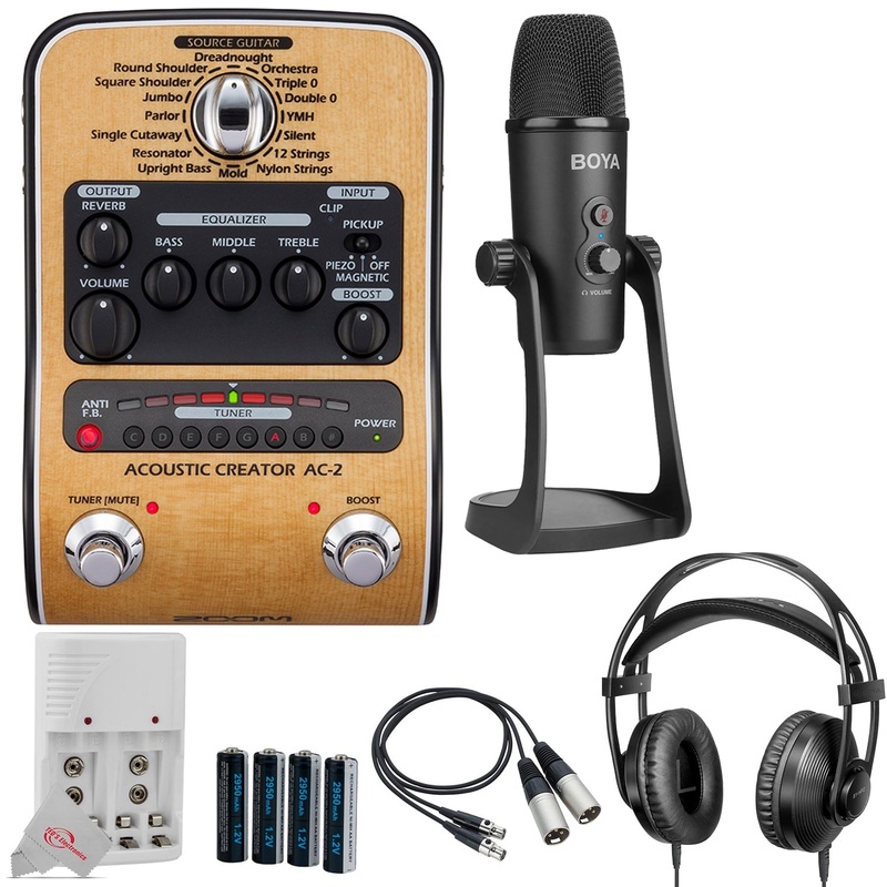 Zoom AC-2 Acoustic Creator Guitar Effects Pedal + TXF-8 Cables + Boya Multipattern Microphone and Headphone + More