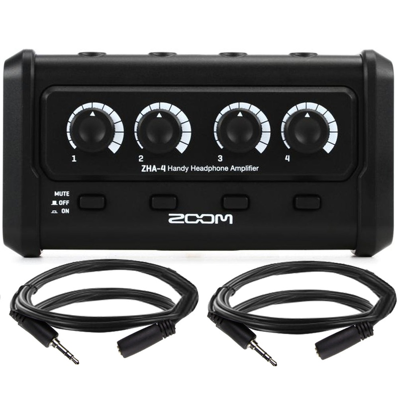 Zoom ZHA-4 4-Channel Headphone Amplifier +  2x 3.5mm TRSF to 35mm TRSM Headphone Extension 10ft Cable