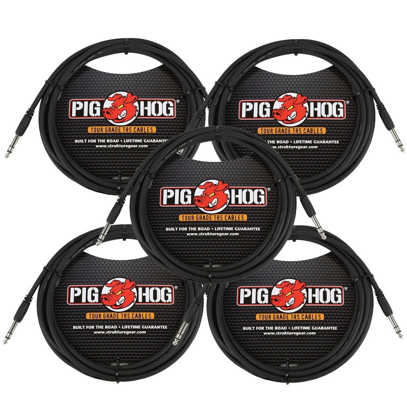 Pig Hog PTRS15 High Performance 1/4″ TRS Instrument Cable, 15 Feet – 5 Pack