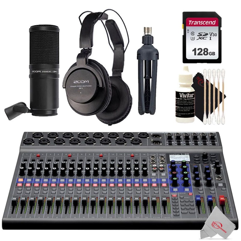 Zoom LiveTrak L-20 – 20-Input Digital Mixer & Multitrack Recorder + 128GB Memory Card + Zoom ZDM-1 Podcast Mic Pack Accessory Bundle + 3pc Cleaning Kit