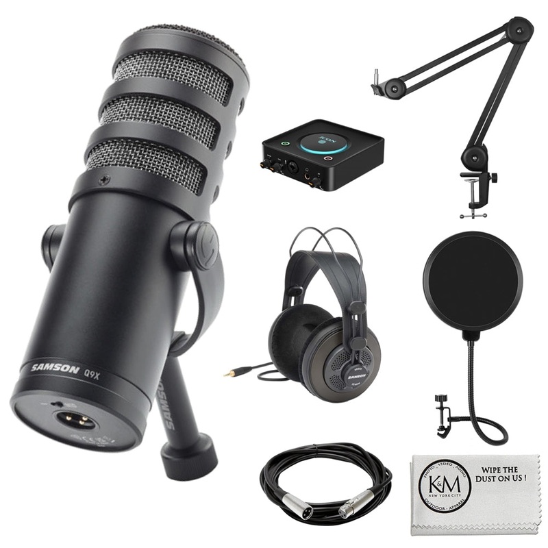 Samson Q9x Dynamic Broadcast Microphone Bundle with Studio Headphones + XLR Cable + Pop Filter + Icon Pro Audio USolo Recording Interface + Mic Arm + Cleaning Cloth (7 Items)