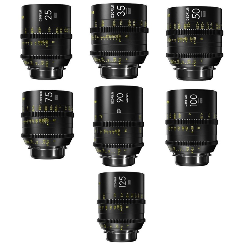 DZOFilm Vespid 25mm, 35mm, 50mm, 75mm, 100mm, 125mm T2.1, and Macro 90mm T2.8 7-Lens Kit B (Black)