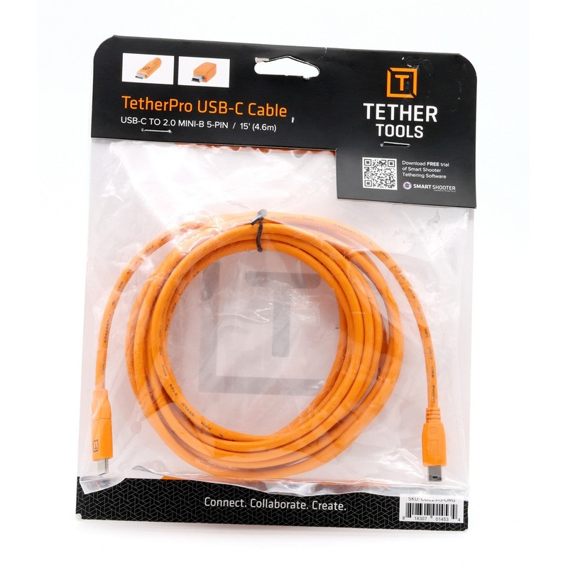 * OPEN BOX GOOD * Tether Tools TetherPro USB Type-C Male to 5-Pin Mini-USB 2.0 Type-B Male Cable (15′, Orange)