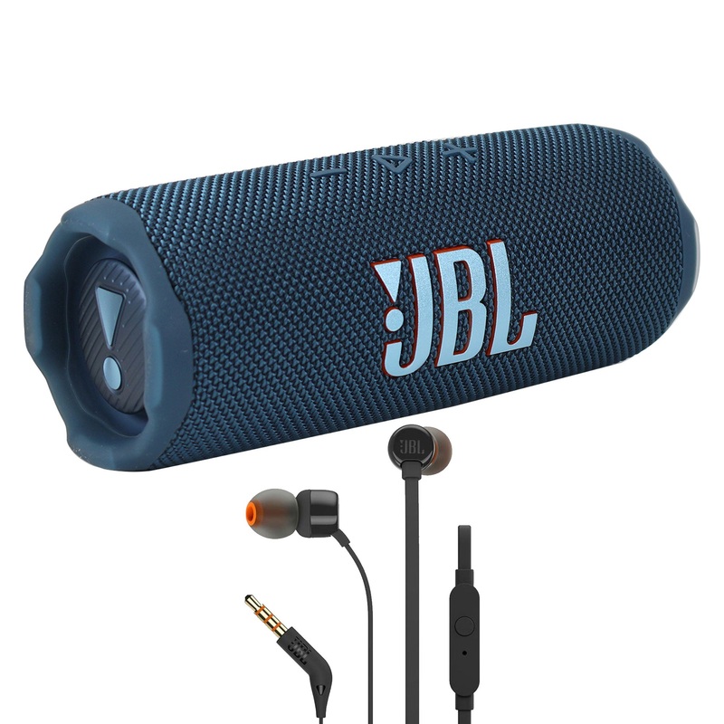 JBL Flip 7 Portable Waterproof Bluetooth Speaker (Blue) with JBL T110 in Ear Headphones