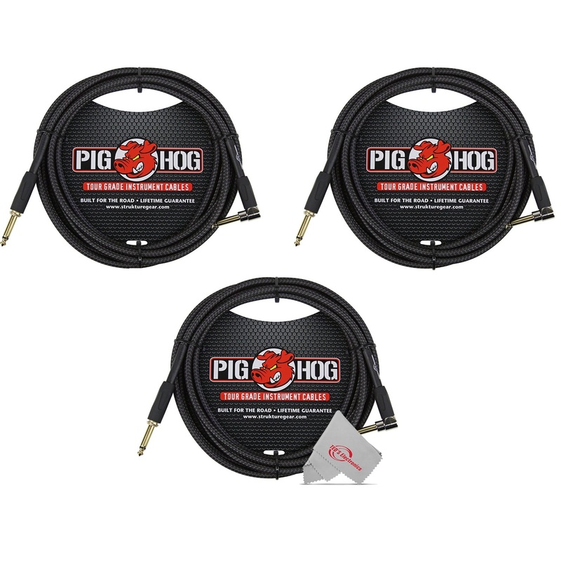 Pig Hog Black Woven Tour Grade Instrument Cable 1/4″ to 1/4″ Right Angle 10ft , PCH10BKR – 3 Units