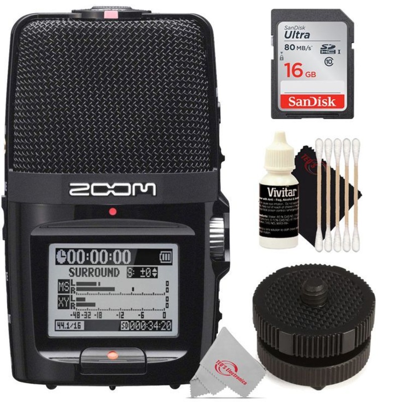 Zoom H2n ext 2-Input / 4 Track Handy Digital Audio Stereo Recorder With 5 Built-In Mic Array + ZOOM HS-1 Hot/Cold Shoe Mount To 1/4″ Adapter + 16GB Memory Card + 3pc Cleaning Kit