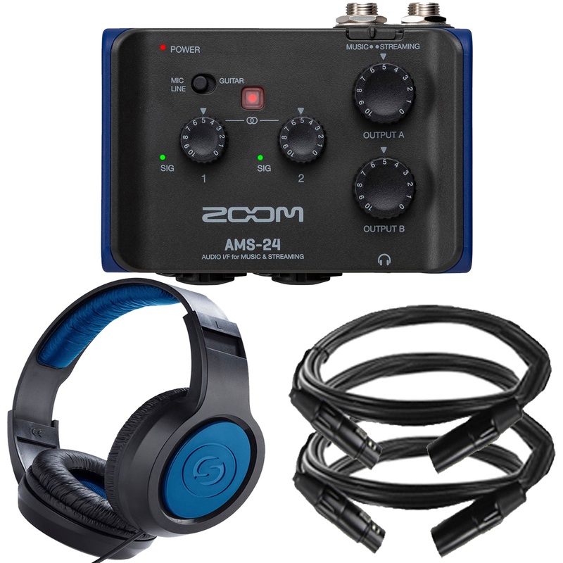 Zoom AMS-24 2×4 USB Audio Interface for Music and Streaming with Samson SR350 Over-Ear Stereo Headphones (Special Edition Blue) and 2x 8mm XLR Microphone Cable Male to Female