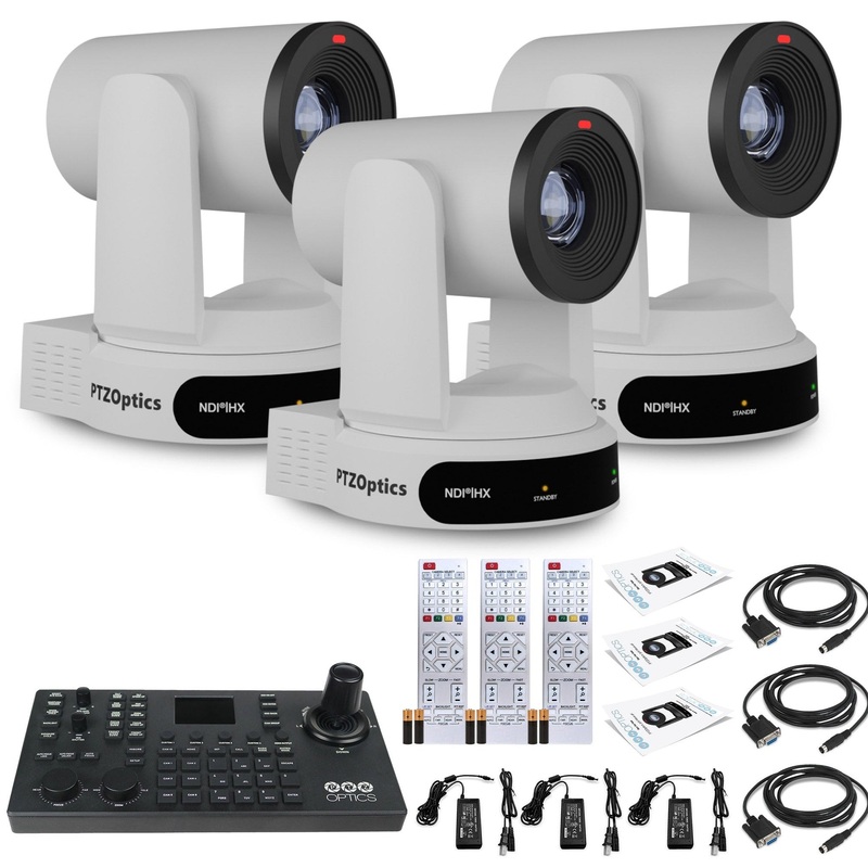 3 x PTZOptics Move 4K PTZ Camera with 30x Zoom (White) (PT30X-4K-WH-G3) + SuperJoy PTZ Controller