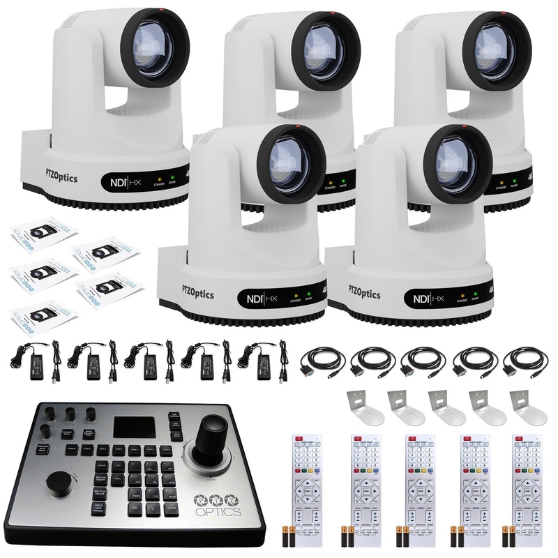 5 x PTZOptics Move 4K PTZ Camera with 20x Zoom (White) (PT20X-4K-WH-G3) + PT-JOY-G4 Controller + 5 x Wall Mount