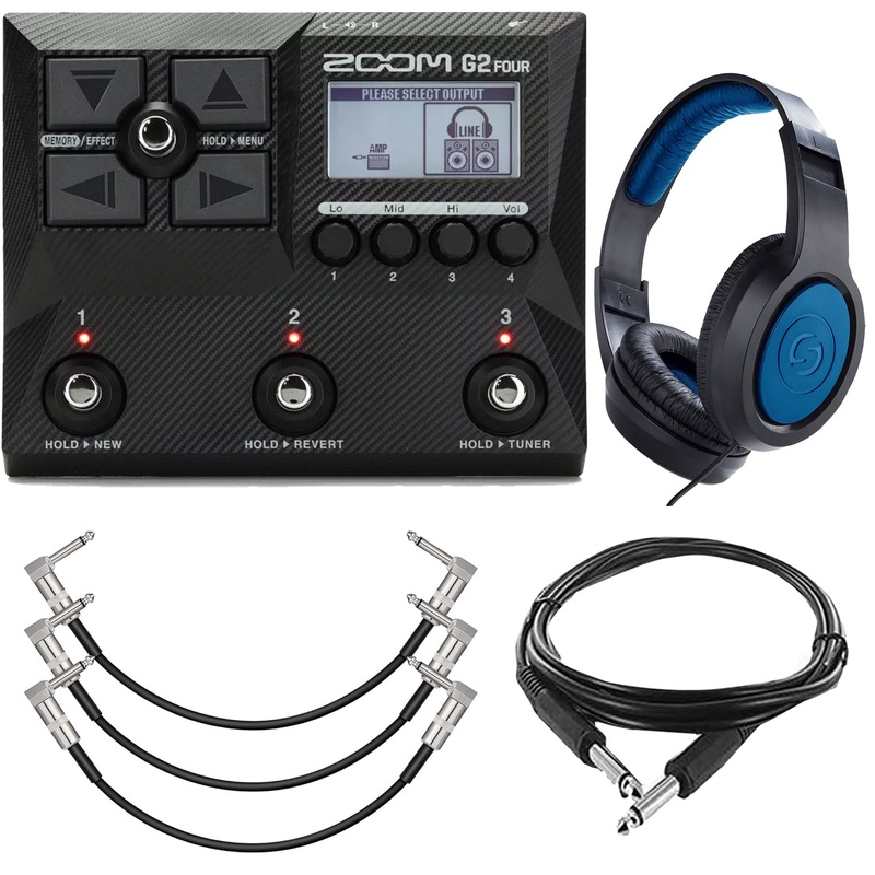 Zoom G2 Four Multi-Effect Guitar Pedal with Samson SR350 Stereo Headphones and Right Angle to Right Angle 1/4″  Instrument Patch Cables (3 Pc.) + 1/4″ TRS – 1/4″ TRS Cable