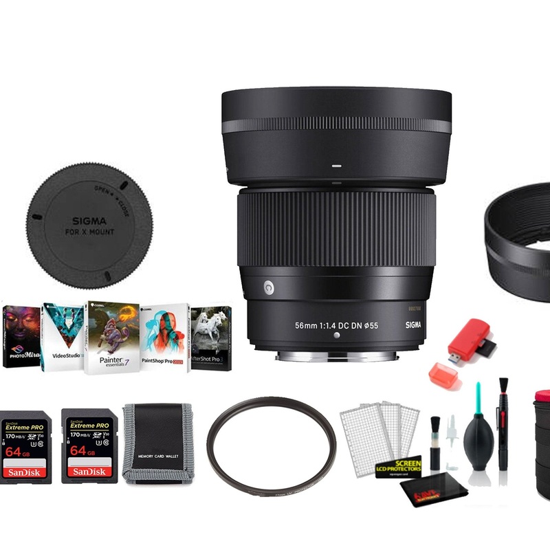 Sigma 56mm f/1.4 DC DN Contemporary Lens for FUJIFILM X – with 2X 64GB Memory Card, Editing Software and More