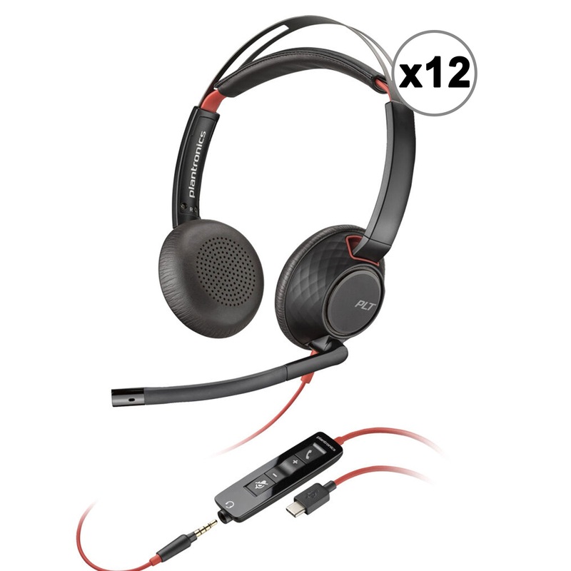 12x Poly Blackwire 5220 Stereo Wired Headset  Dual Ear USB-A/USB-C & 3.5mm with Noise-Canceling Boom Mic and Carrying Case