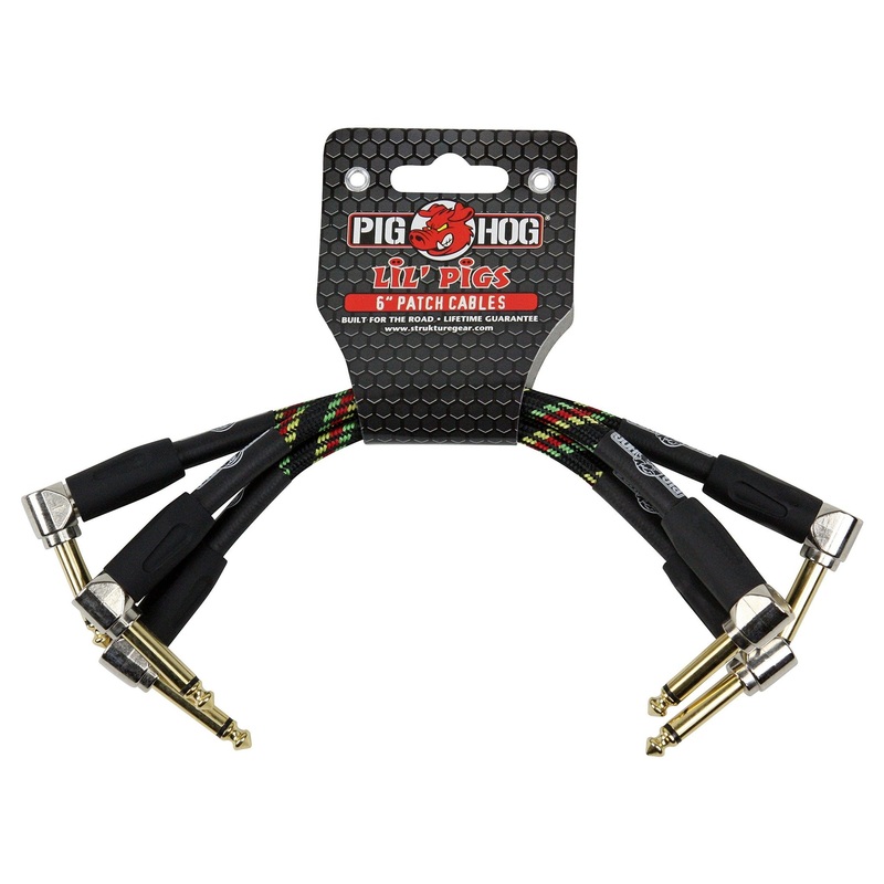 Pig Hog PHLIL6RA Lil’ Pigs Right-Angle 1/4″ Vintage Rasta Stripe Instrument Patch Cables, 6″ (3 Pack)