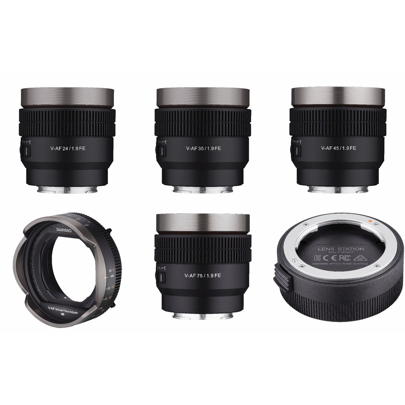 24, 35, 45, 75mm T1.9 Full Frame V-AF Lens Bundle with Manual Focus Adaptor and Lens Station for Sony E
