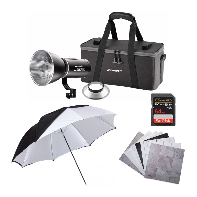 Westcott L60-B Bi-Color LED Video Light (60W) with 64GB SD Card, Backdrop Boards, 32 in Umbrella