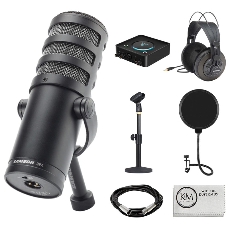 Samson Q9x Dynamic Broadcast Microphone Bundle with Studio Headphones + XLR Cable + Pop Filter + Icon Pro Audio USolo Recording Interface + Mic Stand + Cleaning Cloth (7 Items)