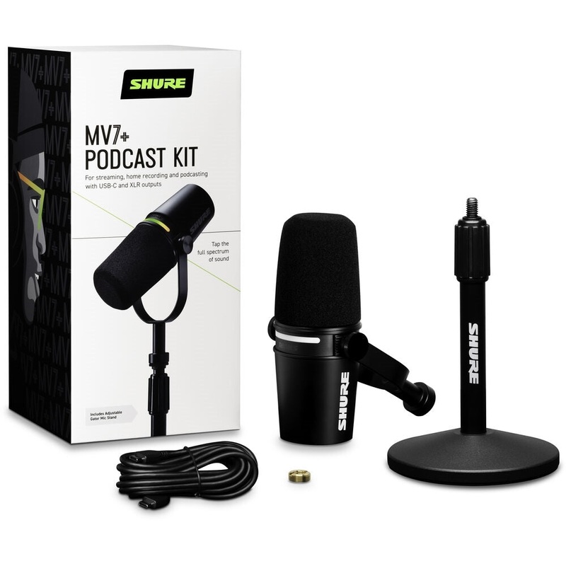 Shure MV7+-K Podcast XLR/USB Microphone Bundle with Gator Desktop Stand | Black
