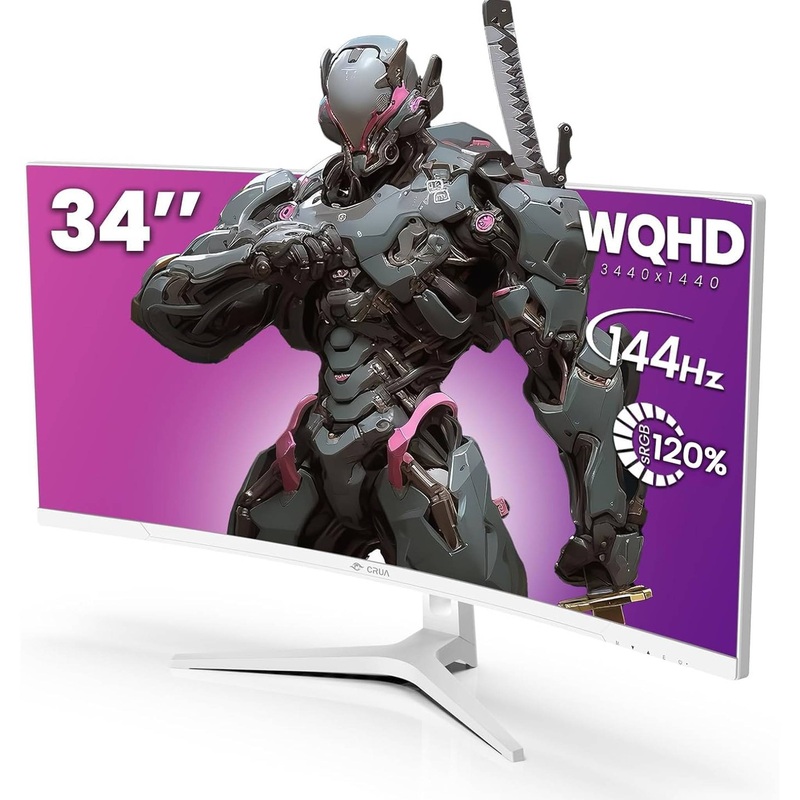 CRUA 34Inch White Gaming Monitor 144hz 21:9 1500R Ultra Wide Curved Monitor, WQHD (3440X1440P) 120%sRGB VA Panel Computer Monitor Support AMD Freesync, HDMI 2.0 & DP1.4, Wall Mountable/Tilt Adjustable